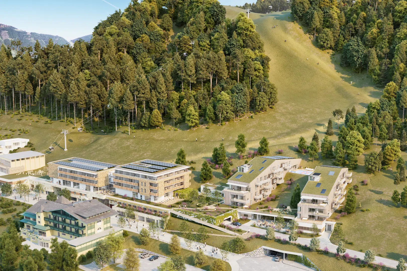 Ihr seht die Außenansicht vom JUFA Hotel Werfenweng**** mit einem grünen Berg samt Seilbahn im Hintergrund.
