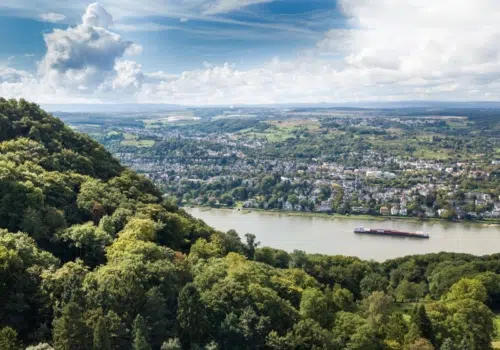 Ihr seht einen Blick auf das schöne Rheintal in Königswinter im Sommer. JUFA Hotels bietet erlebnisreichen Städtetrip für die ganze Familie und den idealen Platz für Ihr Seminar.