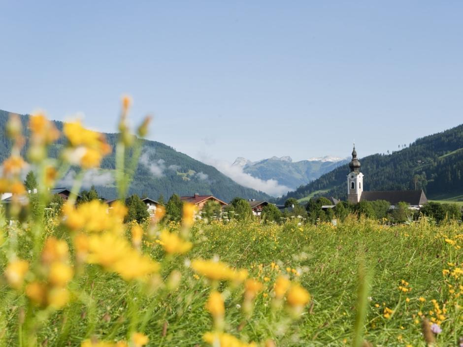 Blumenwiese mit Blick auf Kirche in Altenmarkt-Zauchensee im Sommer in der Nähe von JUFA Hotels. Der Ort für erholsamen Familienurlaub und einen unvergesslichen Winter- und Wanderurlaub.