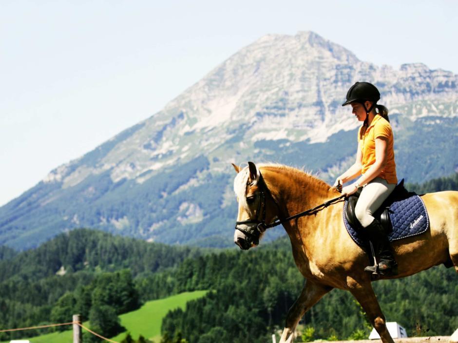 Sie sehen eine Reiterin mit Pferd mit Berg im Hintergrund in Annaberg im Mostviertel. JUFA Hotels bietet Ihnen den Ort für erlebnisreichen Natururlaub für die ganze Familie.