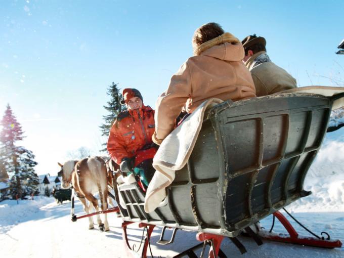 Erwachsene genießen eine Pferdeschlittenfahrt in Annaberg durch die wunderschöne Winterlandschaft. JUFA Hotels bietet erholsamen Familienurlaub und einen unvergesslichen Winterurlaub.
