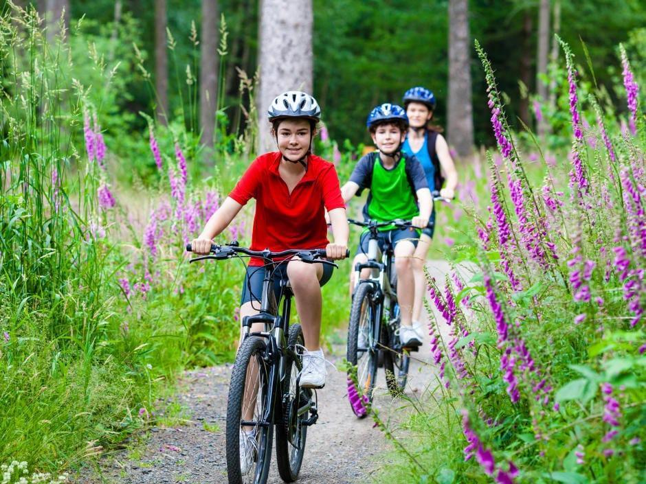 Zwei Kinder mit ihrer Mutter mit Farradhelmen fahren auf ihren Mountainbikes durch den Wald. JUFA Hotels bietet Ihnen den Ort für erlebnisreichen Natururlaub für die ganze Familie.