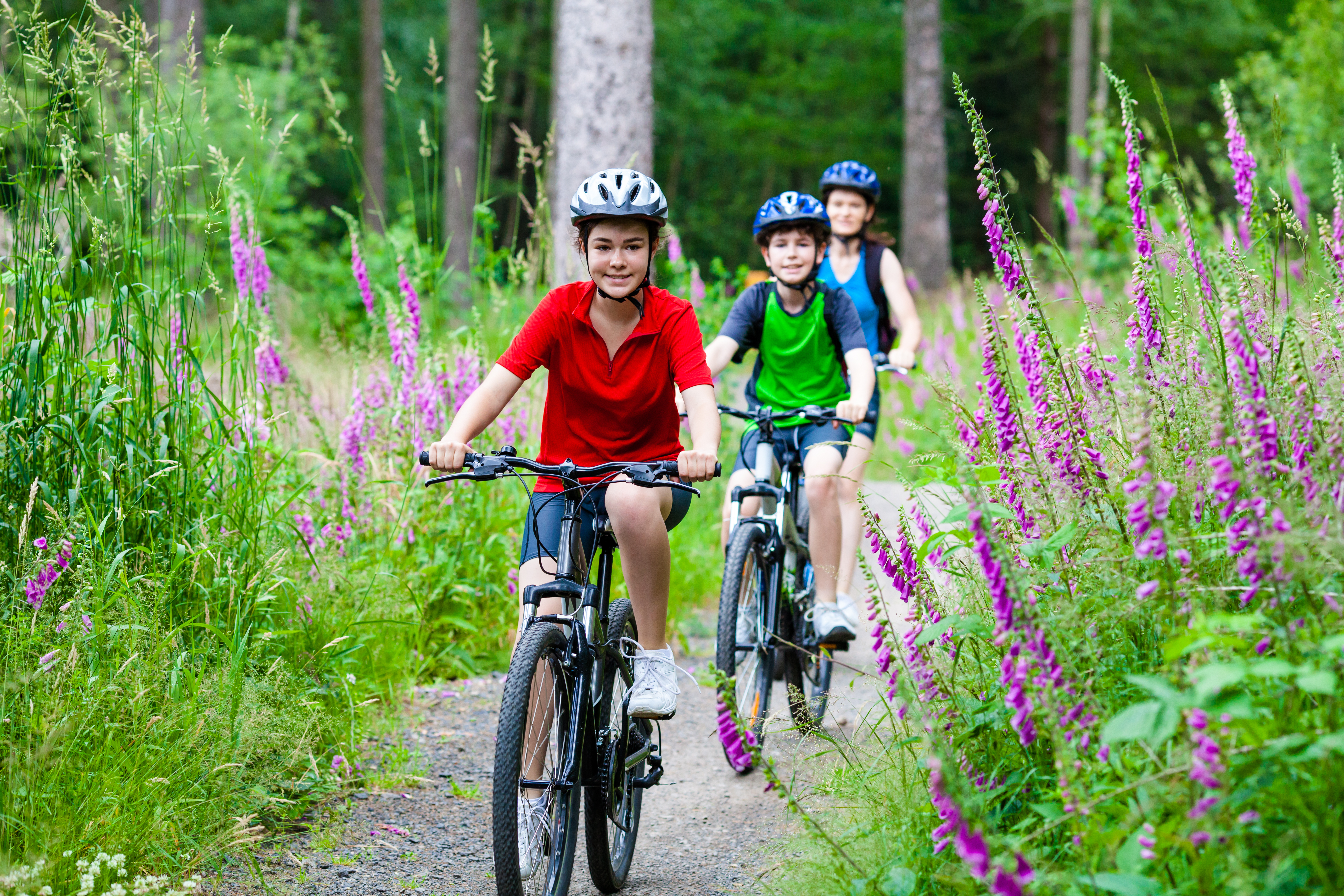 Drei Kinder mit Farradhelmen fahren auf ihren Mountainbikes durch den Wald. JUFA Hotels bietet Ihnen den Ort für erlebnisreichen Natururlaub für die ganze Familie.