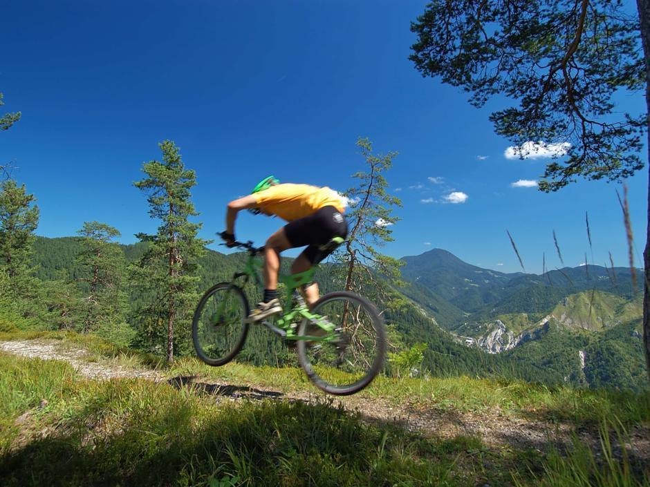 Mountainbiker fährt durch den Wald im Gebirge und springt. JUFA Hotels bietet Ihnen den Ort für erlebnisreichen Natururlaub für die ganze Familie.