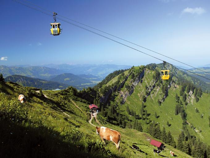 Die Oberstaufen Hochgratbahn in Wangen im Allgäu mit Bergpanorama und einer Kuh im Vordergrund. Blick auf den Oberstaufen in Wangen im Allgäu. JUFA Hotels bietet Ihnen den Ort für erlebnisreichen Natururlaub für die ganze Familie.