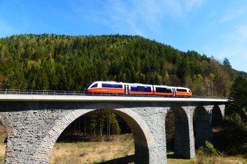 Sie sehen ein Bild von einem Zug der ÖBB auf einem Bahnviadukt im Sommer in Aspang-Markt in Niederösterreich.