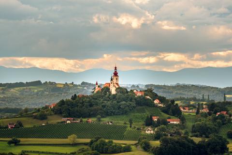 Sie sehen den Himmelsberg im Straden in der Region Thermen- & Vulkanland Steiermark. Der Himmelsberg ist Steirischer Landessieger 2023 im Rahmen der TV-Sendung "9 Plätze - 9 Schätze".