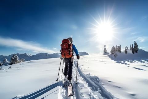 Sie sehen ein Person beim Skitouren gehen im Tiefschnee neben der Spur mit einer Winterlandschaft, blauem Himmel und Sonne im Hintergrund.