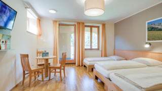 Sie sehen ein Doppelbett und Einzelbett im Familienzimmer medium im JUFA Hotel Veitsch mit Balkon. JUFA Hotels bietet kinderfreundlichen und erlebnisreichen Urlaub für die ganze Familie.