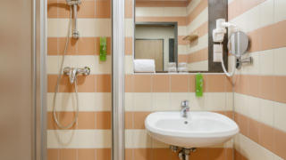 Sie sehen ein Bad eines Doppelzimmers im JUFA Hotel Sigmundsberg. Der Ort für erholsamen Familienurlaub und einen unvergesslichen Winter- und Wanderurlaub.