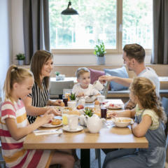 Sie sehen eine Familie mit drei Kindern beim Frühstücken am Tisch mit Gartenblick. JUFA Hotels bietet erholsamen Familienurlaub und einen unvergesslichen Winter- und Wanderurlaub.