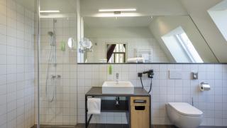 Sie sehen ein Badezimmer mit barrierefreier Dusche, Waschbecken, Föhn und Toilette im Studio im JUFA Hotel Bregenz am Bodensee. Der Ort für einen unvergesslichen Wander-, Rad- und Kultururlaub für Familien, Freunde und Paare.