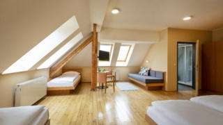 Sie sehen ein Doppelbett und drei Einzelbetten. So sind die Family Friends 5 Zimmer im JUFA Klosterhotel Judenburg ausgestattet. Der Ort für erholsamen Familienurlaub und einen unvergesslichen Winter- und Wanderurlaub.