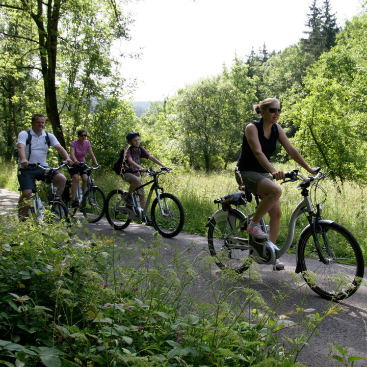 Sie sehen Radfahrer bei einer Radtouram Rennsteig im Frankenwald im Tettautal. JUFA Hotels bietet kinderfreundlichen und erlebnisreichen Urlaub für die ganze Familie.