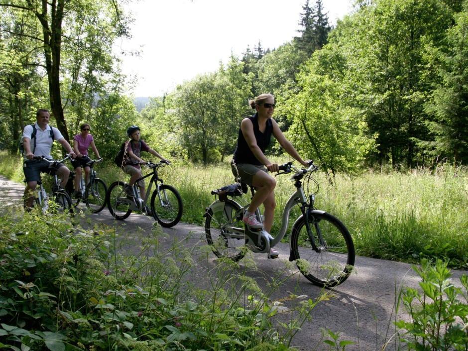 Sie sehen Radfahrer bei einer Radtouram Rennsteig im Frankenwald im Tettautal. JUFA Hotels bietet kinderfreundlichen und erlebnisreichen Urlaub für die ganze Familie.