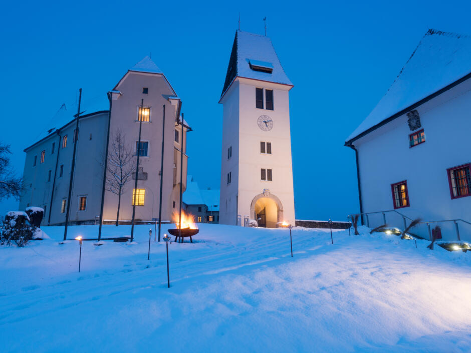 Sie sehen das Schloss Seggau in der Südsteiermark im Winter. JUFA Hotels bietet Ihnen einzigartige Urlaubserlebnisse