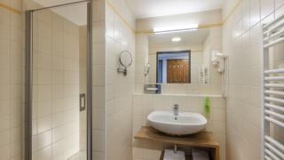 Sie sehen ein modernes Badezimmer mit ebenerdiger Dusche, Waschbecken und Spiegel im Appartement im JUFA Hotel Schilcherland*** in der Steiermark.