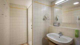 Sie sehen ein modernes Badezimmer im Galeriezimmer im JUFA Hotel Schilcherland*** mit begehbarer Dusche, Waschbecken und großem Spiegel.